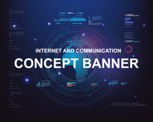 Obraz premium Internet concept banner. World Internet technologies and communications. Futuristic background with earth interface diagrams. Global world Internet network of new generation