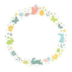 Fototapeta na wymiar Easter decoration - Vector illustration with white silhouettes of bunnies, butterflies, Easter eggs and flowers pastel-colored