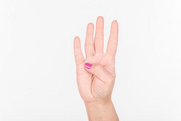 Woman Hand With Polish Nails Show Four Fingers. White Background.