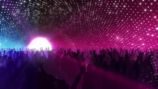 Dance Party Disco Club audience spectators Lights Glitter Background.