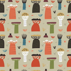 African seamless pattern with hand drawn baobab trees