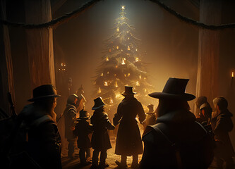 pilgrims gathering around a candlelit Christmas tree, generative ai - obrazy, fototapety, plakaty