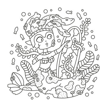 Cute little medusa gorgon as statue. Mythology creature with mirror. Snake girl monster underwater. Greek fairy tale. Fantasy coloring page for kids. Cartoon vector illustration. Isolated on white