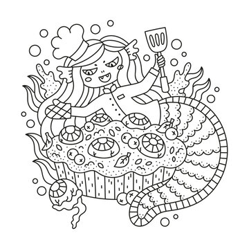 Crazy cook with eye pie. Funny mermaid wearing cook hat and clothes. Cooking monster. Underwater creature. Humor. Coloring page. Cartoon vector illustration. Outlined drawing. Isolated on white