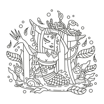 Beautiful devil girl with bird nest on head. Pretty demon woman creature. Water, statue, skeleton of bird, feathers. Mysterious fantasy illustration. Coloring page for kids and adults. Cartoon. Vector