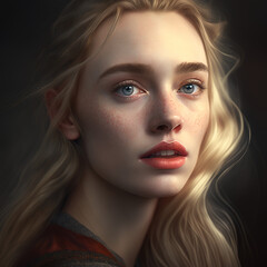 Portrait photo of a young model woman with blonde hair, blue eyes and reddish lips. Graceful young woman on dark background. Generative AI