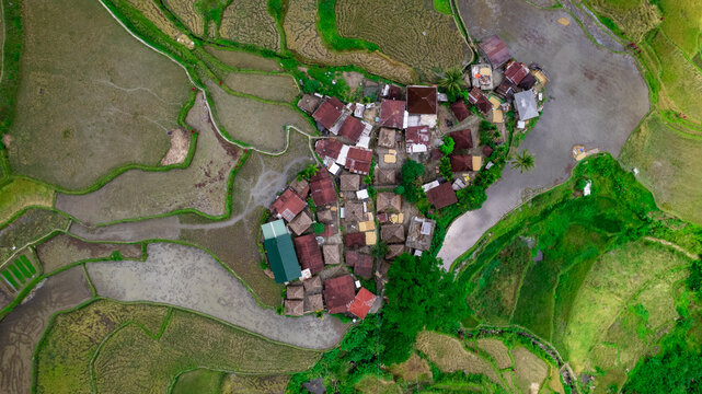 aerial top photo on particular of small hamlet of habitants in banaue rice terraces on philippines island