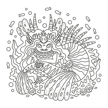Cute wild feral mermaid. Dragonfish girl. Underwater sea animal. Fantasy ocean creature. Detailed coloring page for kids. Cartoon vector illustration. Hand drawn artwork. Isolated on white. Clipart