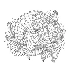 Handsome underwater victorian vampire man. Cute sea fantasy monster with dead girl. Funny coloring page for adults. Cartoon vector illustration. Isolated on white. Outlined drawing. Black and white