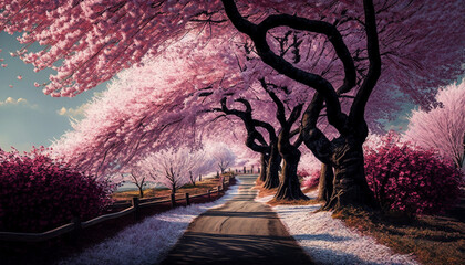 blossom sakura trees in spring generative AI	 - obrazy, fototapety, plakaty