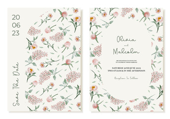 Delicate wedding invitation in a summer, spring mood with watercolor flowers. Vector Template