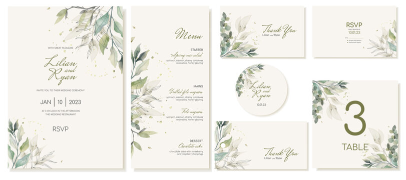 Big set of templates for rustic wedding ceremony with leaves Invitation, menu, cards, sticker, tag. Vector