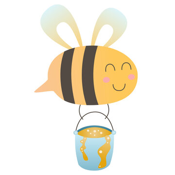 Illustration of a cute honey bee flying and holding a bucket of honey. Colorful children's illustration and cute character. Vector image on white background. Flat design cartoon cute bee mascot