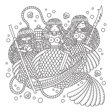 Mysterious underwater death reapers with weapon. Cute scary mermaids. Fantasy fish woman. Sea creatures. Coloring page for adults. Cartoon vector illustration. Outlined artwork. Isolated on white