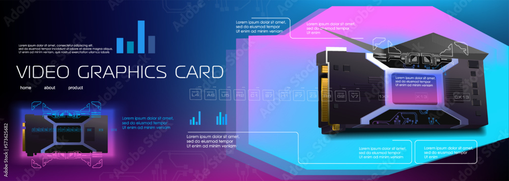 Poster realistic graphics card for computer. futuristic cyber banner with powerful graphics card for mining