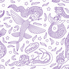 Cute mermaids. Nautical wallpaper for kid's room. Nautical illustration. Vector seamless pattern.