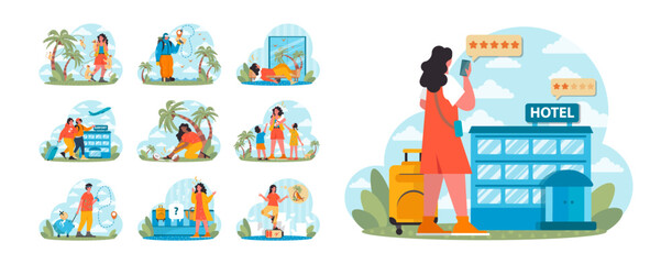 Bad vacation experience set. Unlucky tourist having problems during