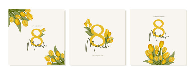 Fototapeta na wymiar Set of square posters for International Women's Day with yellow watercolor tulips. Vector