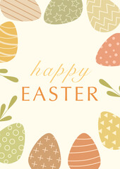 Easter postcard templates with colored eggs, green flowering leaves and typographic design. Good for Spring and Easter greeting cards, postcard, children's design and invitations. Vector illustration.