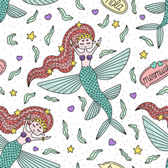 Cute smiling mermaid. Girly pattern for kids clothes. Seamless ornament. Cartoon vector illustration