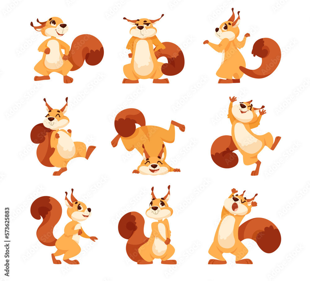 Poster funny squirrel with bushy tail expressing different emotion vector set