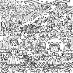 Fairy tale with knight, princess and dragon. Fantasy kingdom. Coloring page for kids. Cartoon vector illustration
