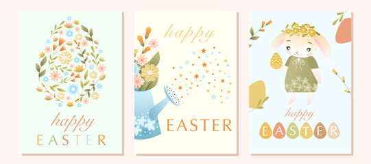 Easter postcard set with cute rabbit character, colored eggs, flowers, green leaves and quotes. Colorful vector templates for social media post, flyer, invitation, poster, postcard, design for kids.