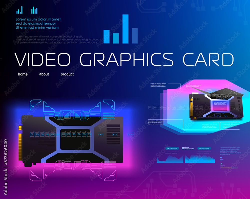 Poster realistic graphics card for computer. presentation new video card. electronic system. powerful graph