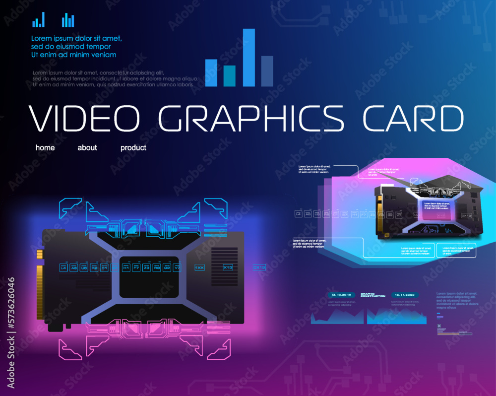 Poster realistic graphics card for computer. presentation new video card. electronic system. powerful graph