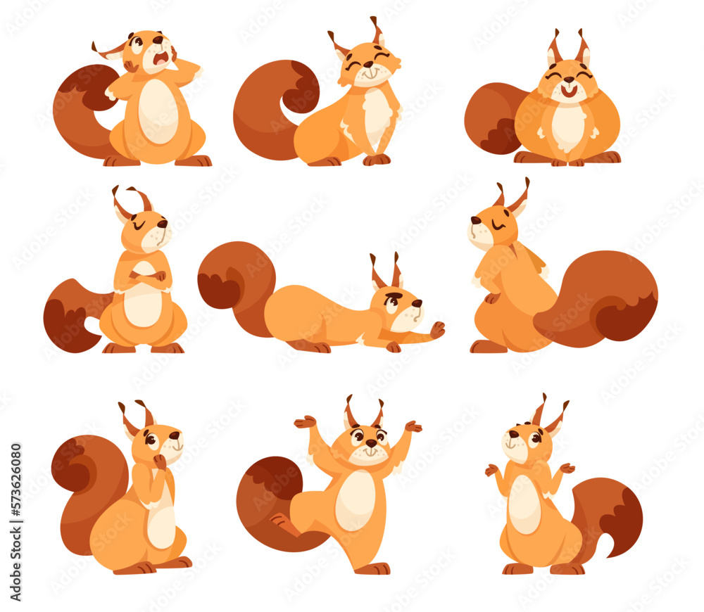 Poster funny squirrel with bushy tail expressing different emotion vector set