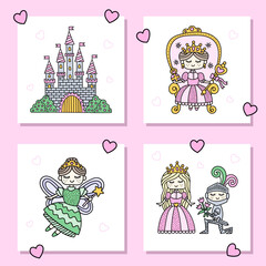 Cute card with fairy tale characters. Cartoon vector illustration for kids