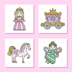 Sey of cute card with fairy tale characters. Princess, fairy, pony, carriage. Cinderella story. Vector illustration.