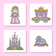 Sey of cute card with fairy tale characters. Princess, fairy, pony, carriage. Cinderella story. Vector illustration.