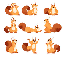 Obraz na płótnie Canvas Funny Squirrel with Bushy Tail Expressing Different Emotion Vector Set