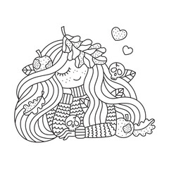 Beautiful girl in sweater. Autumn leaves and apples. Cozy hand drawn artwork. Coloring page for kids. Cartoon vector illustration. Isolated on white. Outlined drawing. Black lines