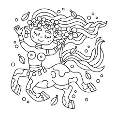 Cute happy little centaur girl. Fairy tale creature in summer. Flower wreath. Cheerful fantasy drawing. Coloring page for adults. Cartoon vector illustration. Isolated on white. Outlined drawing