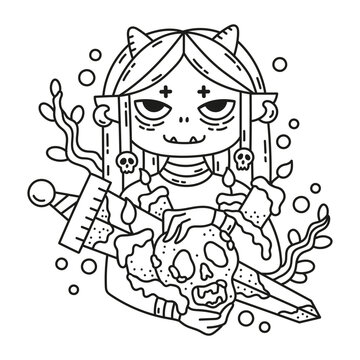 Little devil girl. Cute demon with horns. Fairy tale character portrait. Funny coloring page. Cartoon vector illustration. Ourlined hand drawn artwork. Black and white colors. Isolated. Clipart