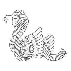 Beautiful flamingo wearing long scarf. Cute exotic bird in winter. Funny zoo animal. Detailed coloring page for kids and adults. Outlined artwork. Black and white colors. Isolated drawing. Vector