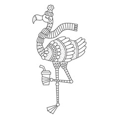 Funny flamingo with coffee to go. Exotic bird in winter, wearing hat and scarf. Zoo animal. Cute coloring page for kids. Cartoon vector illustration. Black and white colors. Isolated. Outlined art