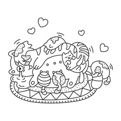 Mother cat with little kittens. Parent animal with children. Home pet. Funny coloring page for kids. Cartoon vector illustration. Isolated on white. Black lines. Hand drawn style. Outlined drawing