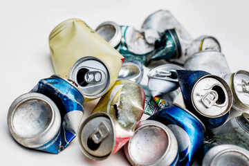 Heap of Used cans. Waste sorting and waste processing. Recyclable materials.