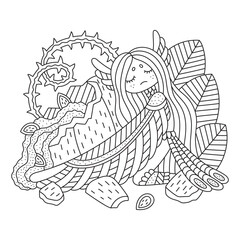 Little harpy girl with smashed pumpkin. Autumn bird creature with wings. Cute coloring page for kids. Cartoon vector illustration. Outlined drawing. Hand drawn artwork. Isolated. Black and white