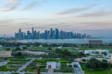 Beautiful  Aerial view of Doha Skyline. Doha Corniche view from Bidda Park