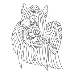 Cute little harpy. Mythology creature. Happy monster girl. Coloring page. Hand drawn cartoon vector illustration. Fantasy artwork. Black and white colors. Outlined drawing. Isolated. Clipart