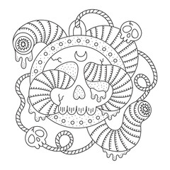 Mysterious medallion with scull. Scary big worms. Dark fantasy art. Coloring page. Cartoon vector illustration. Black and white colors. Outlined drawing. Hand drawn style. Isolated. Clipart