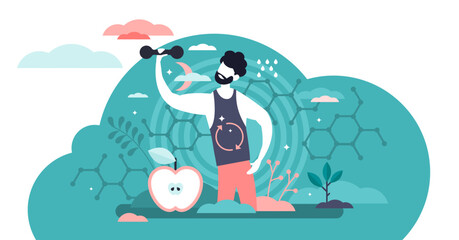 Male metabolism illustration, transparent background. Food to energy process flat tiny persons concept. Nutrition chemical reactions in organism synthesis.