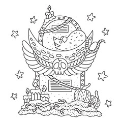 Graveyard tombstone with decoration. Halloween pumpkins, candles, moon, skull, rat. Gothic coloring page. Funny cartoon vector illustration. Black and white colors. Isolated. Outlined artwork