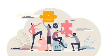Partnership and teamwork work as collaboration process tiny person concept, transparent background. Business employees group working together as unity for successful.