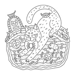 Naughty cat. Halloween kitty and skull, bones, mouse. Autumn graveyard. Funny coloring page for kids and adults. Cartoon vector illustration. hand drawn artwork. Outlined. Isolated on white