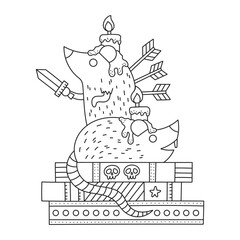 Two little rats with candle on the head. Guardians of the library. Funny cute animals. Fairy tale coloring page. Cartoon vector illustration for kids. Black and white colors. Outlined drawing